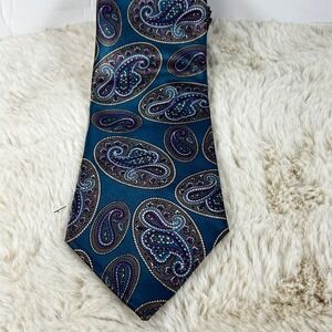 Wembley Starshine Paisley Necktie‎ Teal Blue Brown Purple Silk Blend USA Made